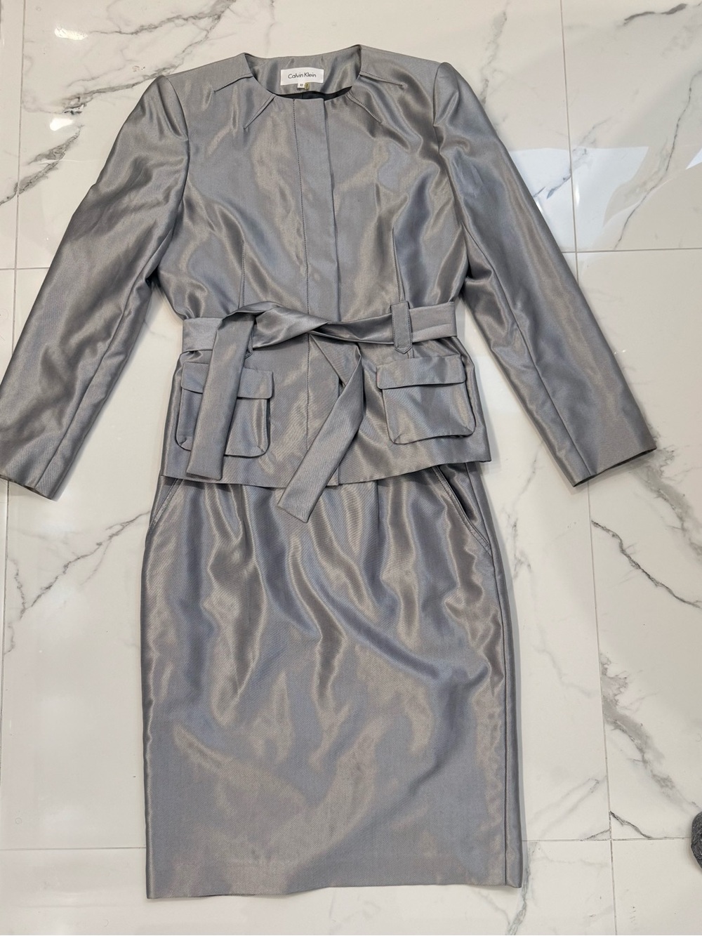 Calvin Klein Metallic Silver 2 Pc Skirt Suit Set Belted Cargo Blazer 10 NWOT